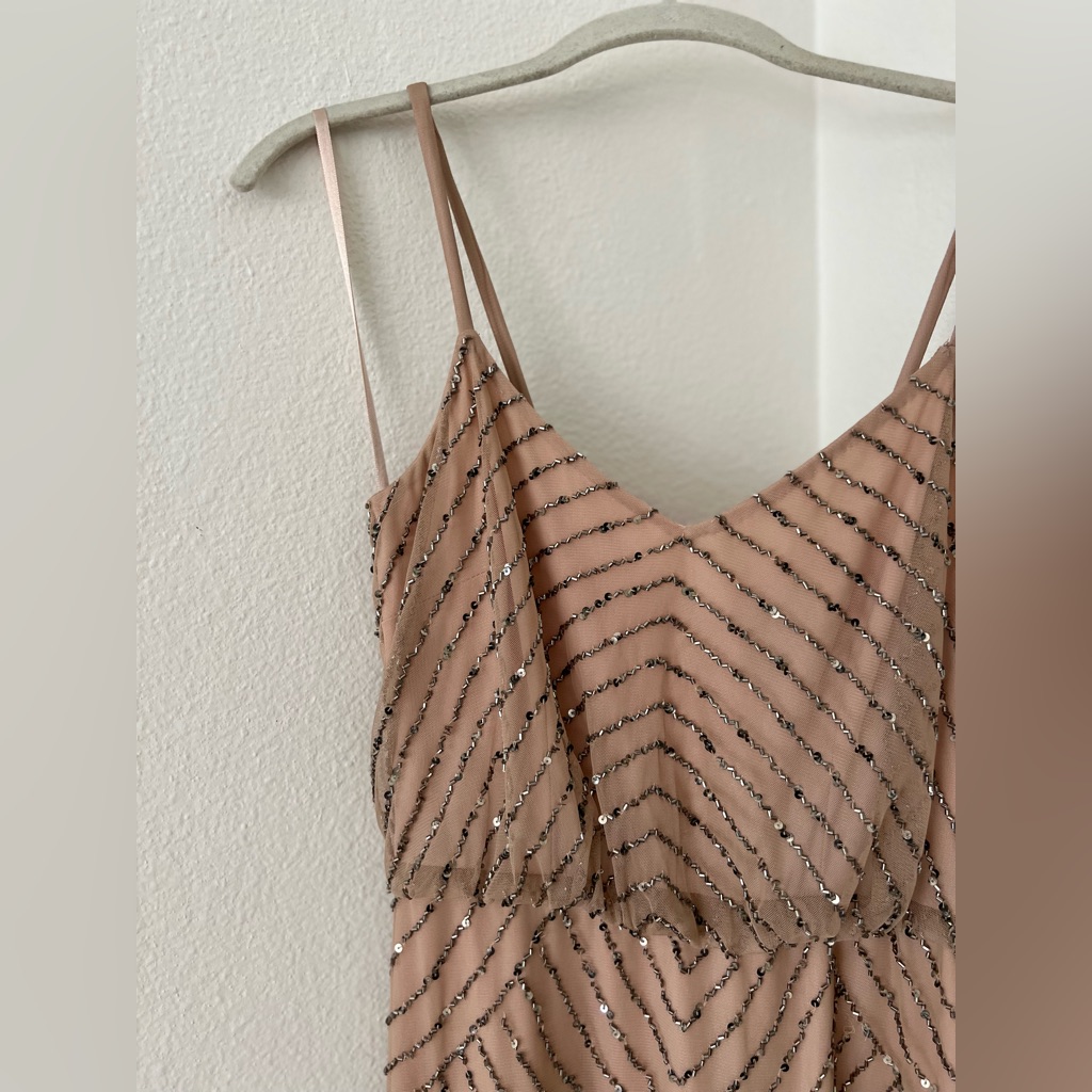 Worn Once!! Adrianna Papell - Art Deco Beaded Blouson Gown In Taupe Pink